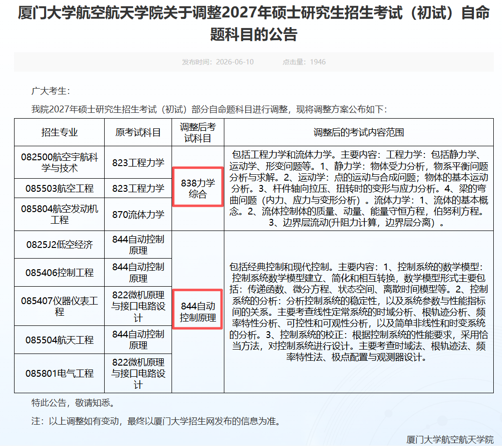 北京科技大学部分研究生招生专业初试科目调整